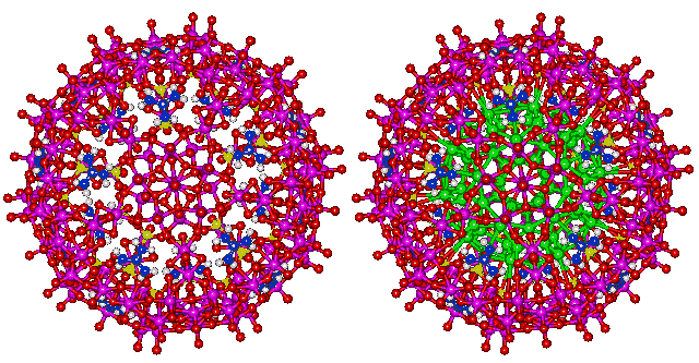 Esempio di cluster d'acqua (in rosa) costruito attorno ad un cluster di molibdeno (verde)
